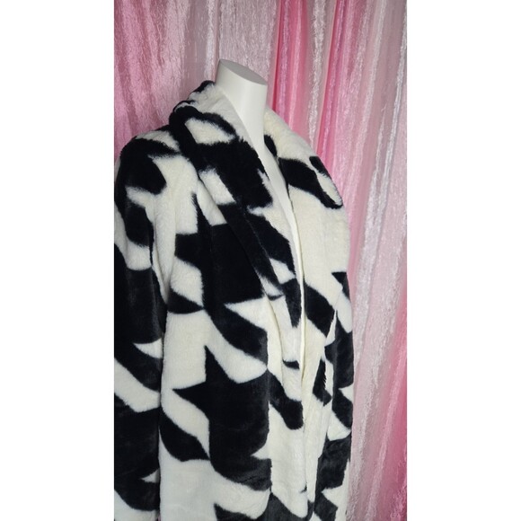 Sergio Hudson Faux Fur Coat  Black & White Houndstooth Fancy Long Coat Size XS - Picture 9 of 13